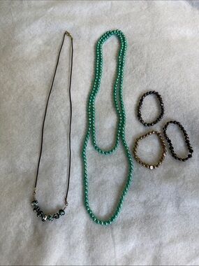 Teal Pearl Bead Long Necklace and 3 bead bracelets